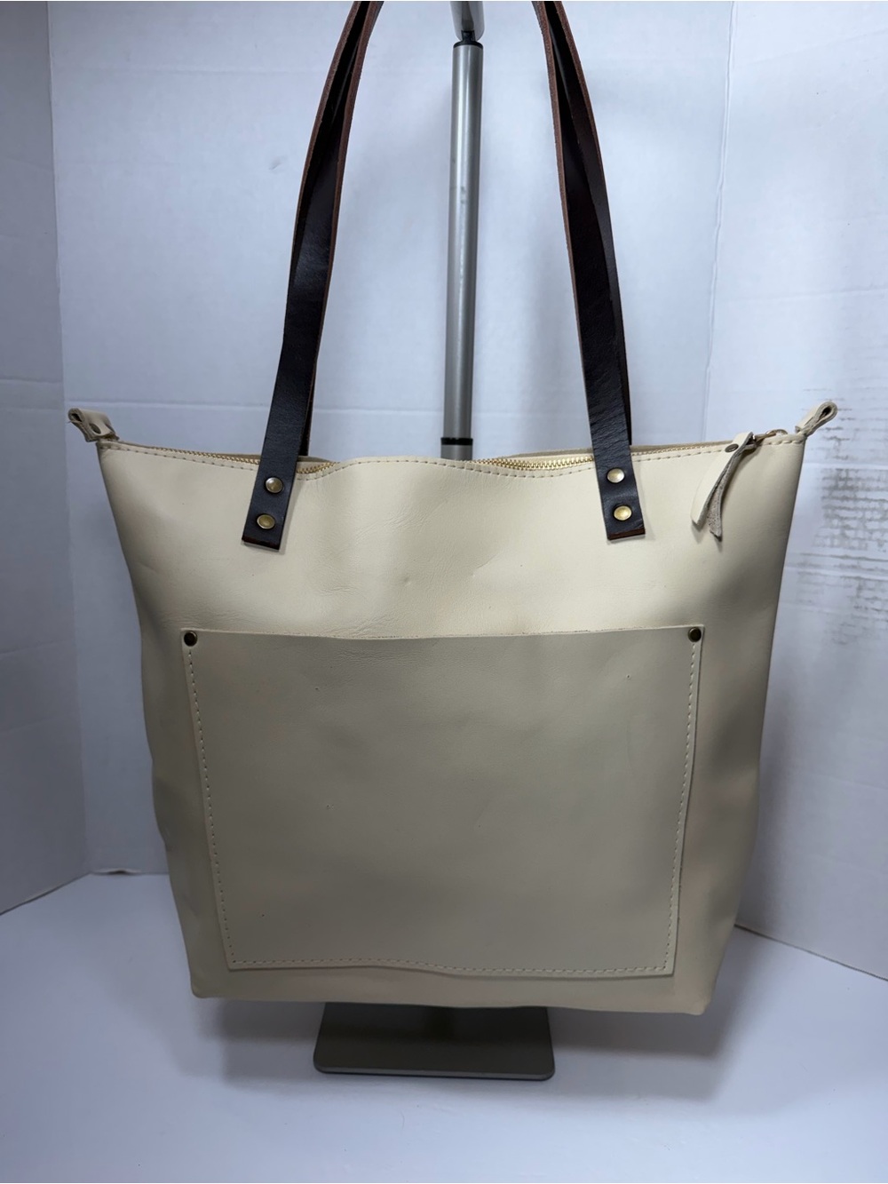 PORTLAND LEATHER GOODS Cream Tote Bag with Dark Brown Handles